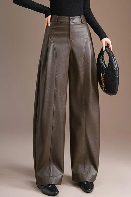 Thickened PU High Waist Wide Leg Bootcut Slim Casual Pants