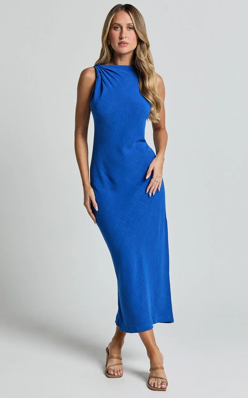 Jessenia Midi Dress - Linen High Neck Dress in Cobalt