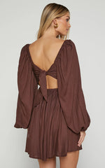 Alessandra Mini Dress - Linen Puff Sleeves Dress in Chocolate