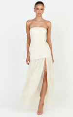 Brielle Maxi Dress - Strapless Gathered Fit & Flare Lace Dress in Champagne