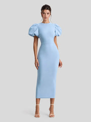 Puff Sleeve Scuba Crepe Midi Dress