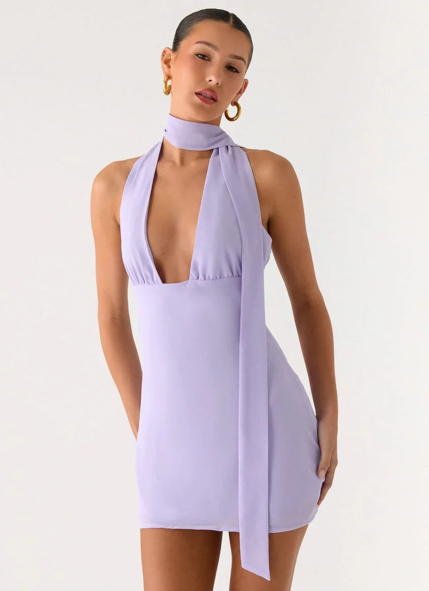 Melisande Scarf Neck Mini Dress - Lavender