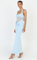 Sienne Maxi Dress - Lace Bodice Draped Cowl Waist Dress in Light Blue