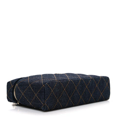 Denim Quilted Top Handle Slim Vanity Case With Chain Dark Blue Orange