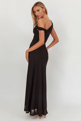 Lylah Asymmetric Neckline Mesh Maxi Dress Black