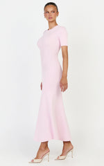Lanie Midi Dress - Knitted Crew Neck Short Sleeve Dress in Pink