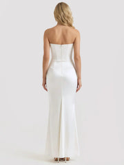 Strapless Boned-Corset Draped Satin Fishtail Maxi Dress