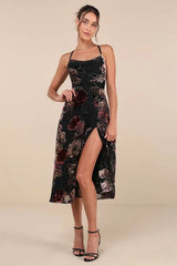 Exuberant Vibes Black Floral Velvet Burnout Tie-Back Midi Dress