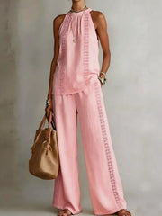 Women's Wide-Leg Trouser Set | Elegant Lace-Top Two-Piece Set