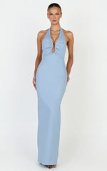 Baya Maxi Dress - Gathered Plunge Neckline Halter Dress in Pale Blue
