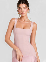 Square Neck Satin Patchwork Maxi Dress