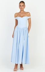 Lacey Midi Dress - Off Shoulder Gathered Waist Dress in Blue