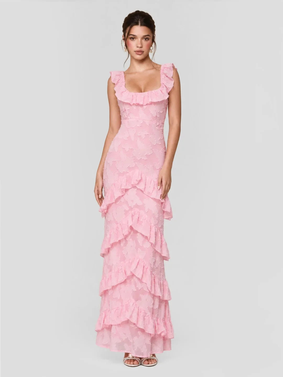 Tiered Ruffle Hem Jacquard Maxi Dress