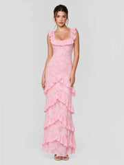 Tiered Ruffle Hem Jacquard Maxi Dress